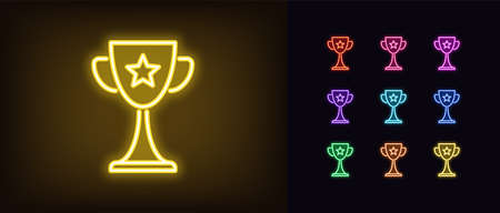 Neon award cup icon. Glowing neon goblet sign, set of trophy in vivid colors. Winner, esports event, gaming reward, cyber sport achievement. Icon set, sign, symbol for UI. Vector illustrationのイラスト素材