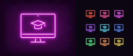 Neon online education icon. Glowing neon webinar sign, digital study in vivid colors. Video course, distance learning, teaching platform. Icon set, sign, symbol for UI. Vector illustrationのイラスト素材