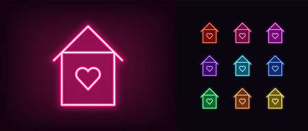 Neon lovely home icon. Glowing neon house sign with heart, sweet home in vivid colors. Love house, cozy cottage, homely apartments. Icon set, sign, symbol for UI. Vector illustrationのイラスト素材
