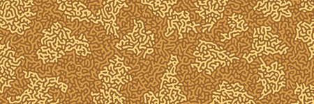 Turing background, organic liquid texture. Pattern with fluid ink shapes, golden brown color. Widescreen backdrop, panorama graphic template. Vector illustration. Memphis style, package designのイラスト素材
