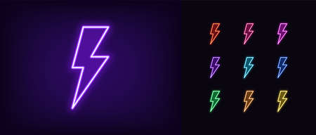 Neon lightning bolt icon. Glowing neon thunder flash sign, electrical discharge in vivid colors. Bright thunderbolt, electric storm, high voltage. Icon set, sign, symbol for UI. Vector illustrationのイラスト素材