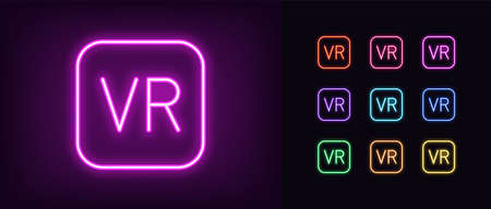 Neon VR icon. Glowing neon VR sign, technology of virtual reality in vivid colors. Icon set, sign, symbol for UI, video game device and software. Vector illustrationのイラスト素材