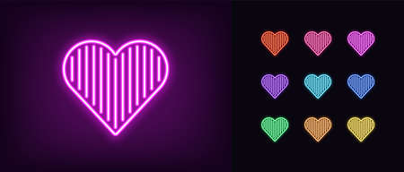 Neon heart icon. Glowing neon heart sign with vertical line texture, amour shape in vivid colors. Romantic silhouette, health care, love passion. Icon set, sign, symbol for UI. Vector illustrationのイラスト素材