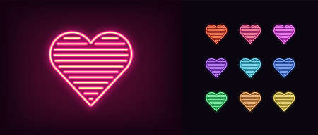 Neon heart icon. Glowing neon heart sign with horizontal line texture, amour shape in vivid colors. Romantic silhouette, health care, love passion. Icon set, sign, symbol for UI. Vector illustrationのイラスト素材