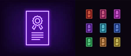 Neon certificate icon. Glowing neon license sign, patent document in vivid colors. Digital certificate, electronic agreement, warranty document. Icon set, sign, symbol for UI. Vector illustrationのイラスト素材