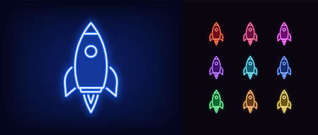 Neon rocket icon. Glowing neon spacecraft sign, spaceship flight in vivid colors. Space exploration, startup launch, product promotion, innovation. Icon set, sign, symbol for UI. Vector illustrationのイラスト素材
