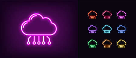 Neon cloud hosting icon. Glowing neon cloud service, online datacenter in vivid colors. SaaS solution, computing center, data exchange platform. Icon set, sign, symbol for UI. Vector illustrationのイラスト素材