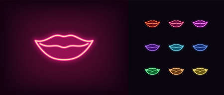 Pink neon lips icon. Glowing neon woman lips sign, girl mouth in vivid colors. Sexy lip shape, woman beauty, passionate smile, love mood, glamor passion. Icon set, symbol. Vector illustrationのイラスト素材