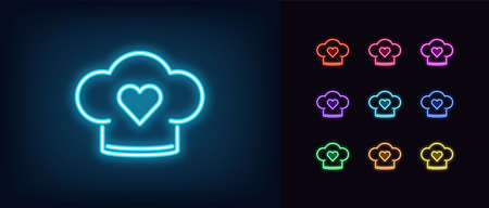 Neon chef hat icon. Glowing neon chef cap with heart, bakery sign in vivid colors. Love kitchen, favorite restaurant, cook with love, confectionery. Icon set, sign, symbol for UI. Vector illustrationのイラスト素材