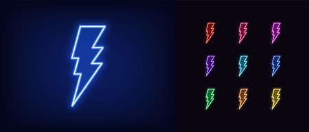Neon lightning icon. Glowing neon electric thunderstorm sign, electrical discharge in vivid colors.のイラスト素材