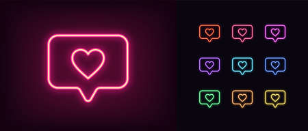 Neon heart icon. Glowing neon heart sign with message bubble in vivid colors.のイラスト素材