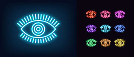 Neon magic eye icon. Glowing neon eye sign with circle iris, spiritual vision in vivid colors.のイラスト素材