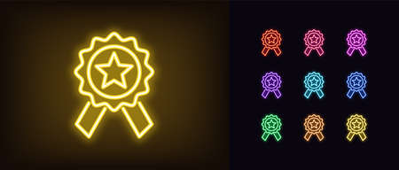 Neon medal icon. Glowing neon award sign, medallion with star in vivid colors.のイラスト素材