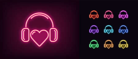 Neon music heart icon. Glowing neon heart sign with headphones, heartbeat melody in vivid colors.のイラスト素材