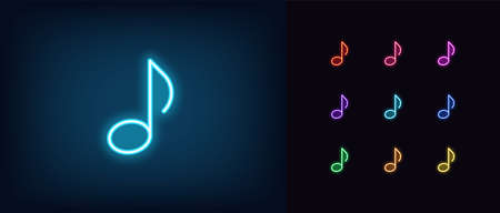 Neon music note icon. Glowing neon note sign, melody in vivid colors.のイラスト素材