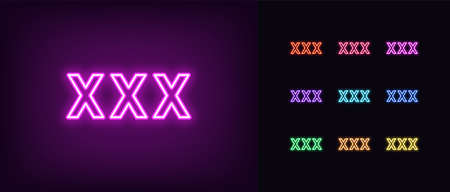 Neon XXX icon. Glowing neon XXX sign, adult content in vivid colors.のイラスト素材