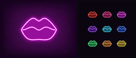 Purple neon lips icon. Glowing neon woman lips sign, girl mouth in vivid colors.のイラスト素材