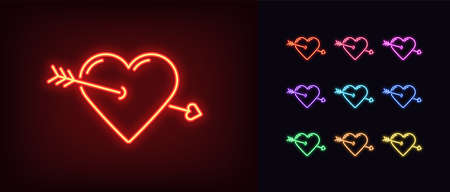 Neon heart icon. Glowing neon heart sign with cupid arrow, amour shape in vivid colors.のイラスト素材