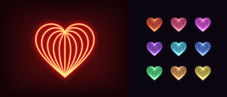 Neon heart icon. Glowing neon heart sign with curve line texture, amour shape in vivid colors.のイラスト素材