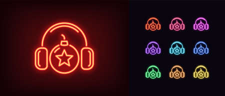 Neon bomb icon. Glowing neon bomb with headphones and star sign, explosive sound.のイラスト素材