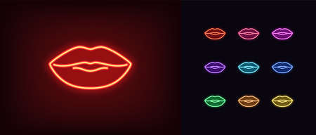 Red neon lips icon. Glowing neon woman lips sign, passionate kiss in vivid colors.のイラスト素材