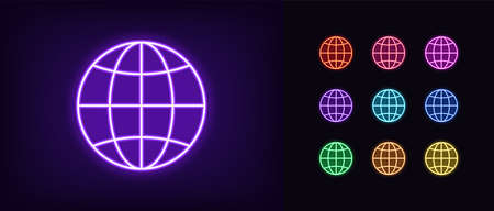 Neon globe icon. Glowing neon world sign, globe internet in vivid colors.のイラスト素材