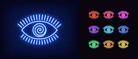 Neon hypnotic eye icon. Glowing neon eye sign with spiral iris, mesmeric vision in vivid colors. Mystic sight and suggestion, hypnosis, witchcraft. Icon set, sign, symbol for UI.のイラスト素材