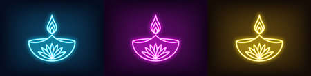 Neon diya set for Happy Diwali, azure purple yellow colors. Glowing neon Diya lamp with fire and lotus flower, Deepavali in vivid lights. Festival of the Lights in India.のイラスト素材