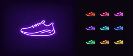 Neon sneaker icon. Glowing neon sneaker sign, sport shoe in vivid colors. Fashion running footwear, night fitness marathon, online shopping. Icon set, sign, symbol for UI.のイラスト素材