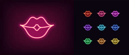 Pink neon lips icon. Glowing neon woman lips sign, passionate kiss in vivid colors. lip shape, woman beauty, girl kiss, love mood, glamour passion. Icon set, symbol for UI.のイラスト素材