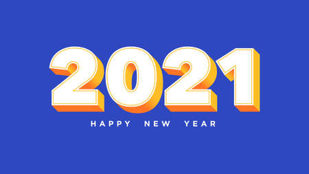 Happy New 2021 Year. Isometric number 2021 with white yellow orange colors, bold digits in 3d style on the blue background. Greeting card, Festive poster and banner.のイラスト素材