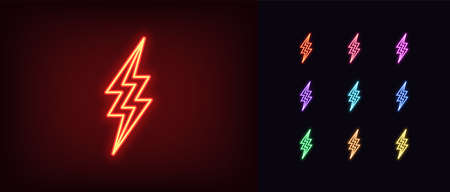 Neon lightning icon. Glowing neon thunderbolt sign, electrical storm in vivid colors. Bright electric flash, electric power, high voltage. Icon set, sign, symbol for UI.のイラスト素材