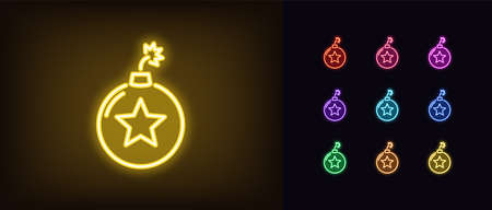 Neon bomb icon. Glowing neon bomb sign with star, explosive rating in vivid colors. Hit parade, top choice, best selection, explosive compilation. Icon set, sign, symbol for UI.のイラスト素材