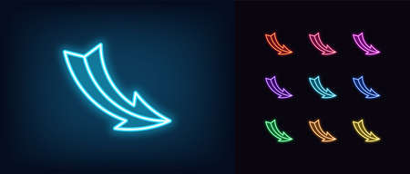 Neon arrow icon. Glowing neon pointer sign, curved arrow in vivid colors. Retro navigation, arrow direction forward back down up. Icon set, sign, symbol for UI.のイラスト素材