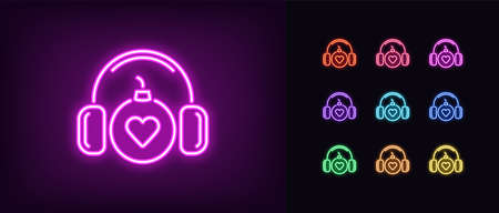 Neon bomb icon. Glowing neon bomb with headphones and heart sign, explosive sound. Top love dj, hit parade, explosive music compilation. Icon set, sign, symbol for UI.のイラスト素材