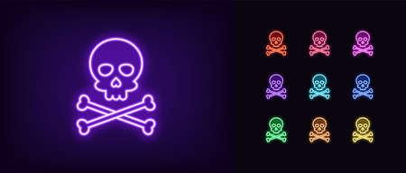 Neon jolly roger icon. Glowing neon skull with crossbones, skeleton head in vivid colors. Pirate flag, corsair skull, danger, poison. Icon set, sign, symbol for UI.のイラスト素材
