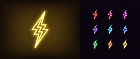 Neon thunderbolt icon. Glowing neon lightning bolt, electrical storm in vivid colors. Bright electric flash, electric power, high voltage. Icon set, sign, symbol for UI.のイラスト素材