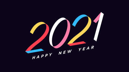 Happy New 2021 Year. Colorful inclined number 2021, ribbon digits with skew. Greeting card,  Festive poster and banner. Vector illustrationのイラスト素材