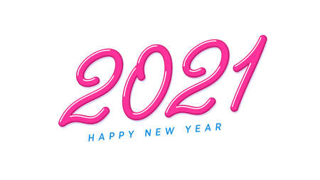 Happy New 2021 Year. Pink inclined lettering, yummy number 2021, rounded jelly digits with skew. Greeting card,  Festive poster and banner. Vector illustrationのイラスト素材