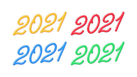 Yummy number 2021 for New Year, Set of inclined lettering, isolated jelly digits with skew. For greeting card, festive poster and banner. Yellow, red, blue and green colors. Vector illustrationのイラスト素材