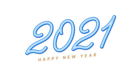 Happy New 2021 Year. Blue inclined lettering, outline number 2021, rounded digits with skew. Greeting card,   Festive poster and banner. Vector illustrationのイラスト素材