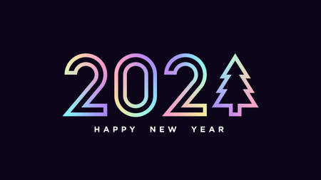 Happy New 2021 Year. Holographic outline number 2021 with Christmas tree, minimalistic hologram digits. Greeting card,   Festive poster and banner. Vector illustrationのイラスト素材