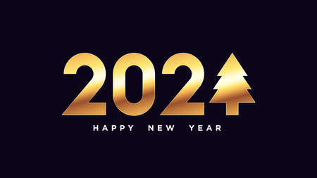 Happy New 2021 Year. Golden number 2021 with Christmas tree, shiny gold digits. Greeting card,   Festive poster and banner. Vector illustrationのイラスト素材