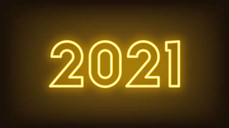 New Year 2021. Neon outline number 2021, glowing yellow digits. Year of the Ox. Greeting card, Neon   Festive poster and banner. Vector illustrationのイラスト素材