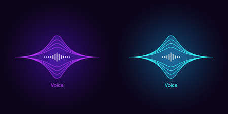 Outlined soundwave shape for virtual voice assistant. Abstract acoustic wave and equalizer, neon voice vibration, audio waveform silhouette. Vector element for voice control in mobile interfaceのイラスト素材