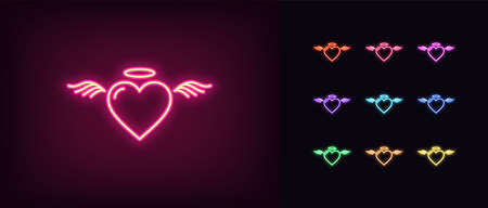Neon angel heart, glowing icon. Neon saint heart with wings and nimbus. Flying angelic love in vivid colors. Paradise of love on the heaven. Icon set, sign, symbol for UI. Vector illustrationのイラスト素材