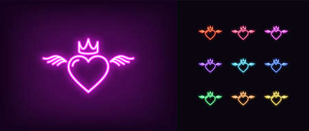 Neon king or queen heart, glowing icon. Neon royal heart with crown and wings. Flying royal love in vivid colors. Great kingdom of majesty love. Icon set, sign, symbol for UI. Vector illustrationのイラスト素材