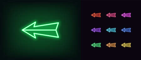 Neon arrow icon. Glowing neon pointer sign, straight arrow in vivid colors. Retro navigation, arrow direction forward back down up. Icon set, sign, symbol for UI. Vector illustrationのイラスト素材
