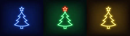 Set of neon Christmas tree with star, glowing icon. Neon New Year tree silhouette, outline Christmas tree in blue, green and yellow colors. Festive fir with neon light. Vector illustrationのイラスト素材