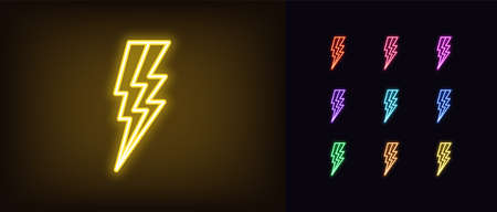 Neon lightning icon. Glowing neon electric thunderstorm sign, electrical discharge in vivid colors. Bright thunderbolt, electric bolt, high voltage. Icon set, sign, symbol for UI. Vector illustrationのイラスト素材